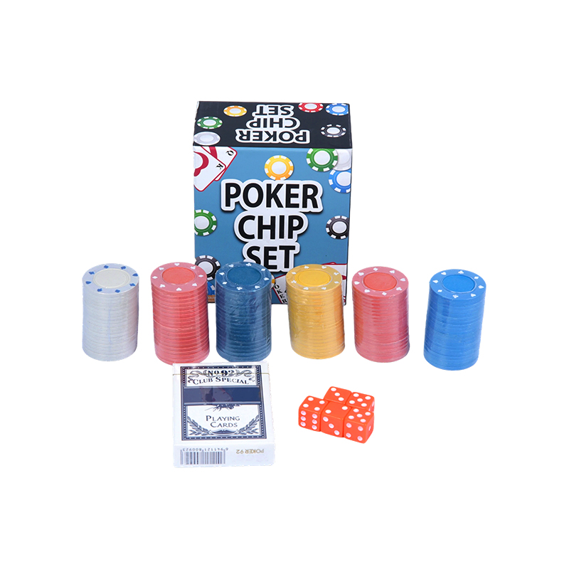 Compleet met gekleurde fiches, speelkaarten en dobbelsteenpokerchipset
