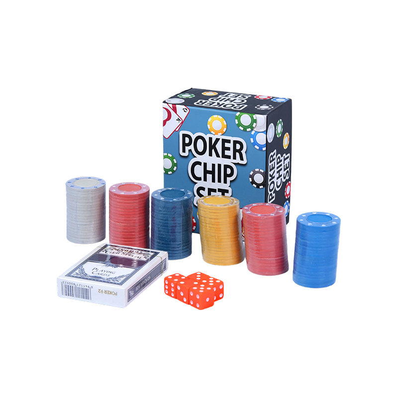 Compleet met gekleurde fiches, speelkaarten en dobbelsteenpokerchipset