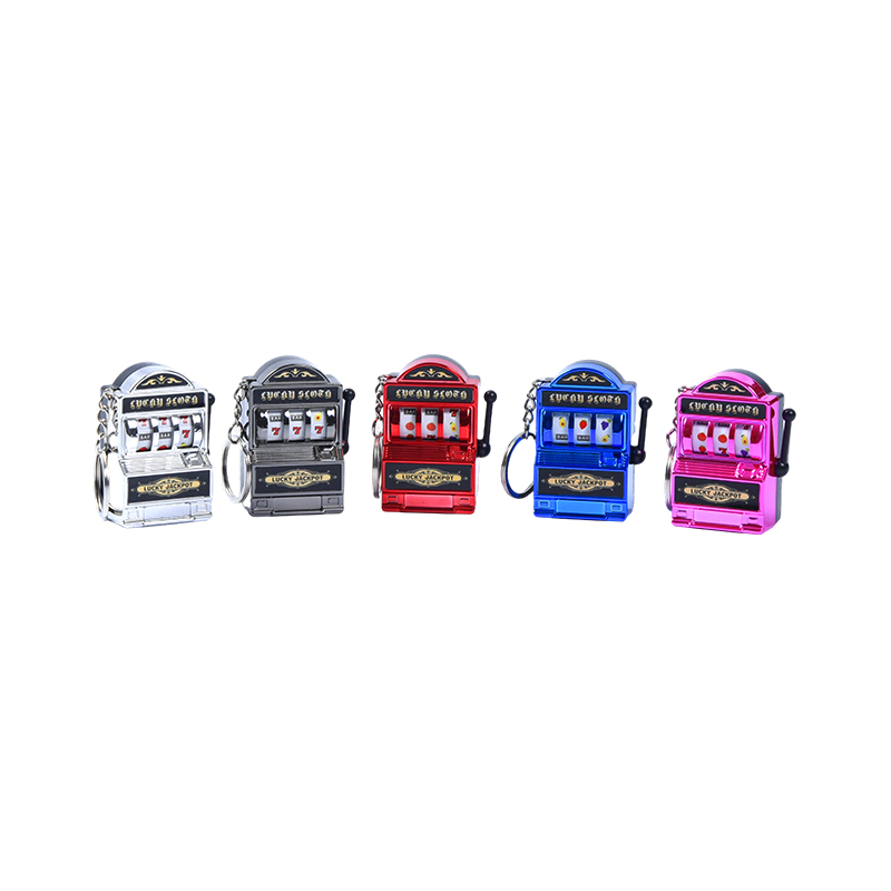 Miniatuur sleutelhangers van metalen speelautomaten – set van vijf levendige kleuren