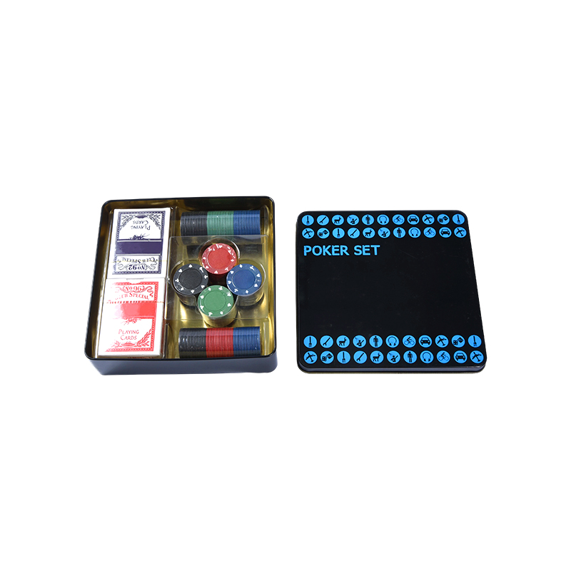 Zwarte pokerset in metalen blik – compleet met fiches, kaarten en accessoires