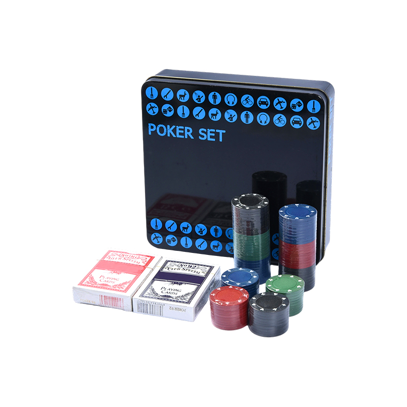 Zwarte pokerset in metalen blik – compleet met fiches, kaarten en accessoires