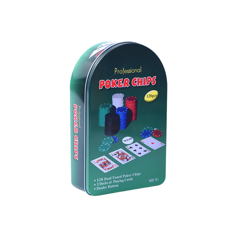Groen gebogen metalen blik met 120 chips met kaarten en dealerknop Professionele pokerchipsset