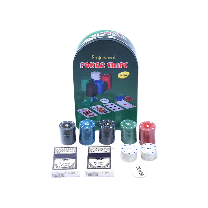 Groen gebogen metalen blik met 120 chips met kaarten en dealerknop Professionele pokerchipsset