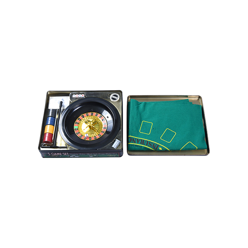 5-in-1 casinospelset – Roulette, Poker, Black Jack, Craps, Pokerdobbelstenen in metalen blik