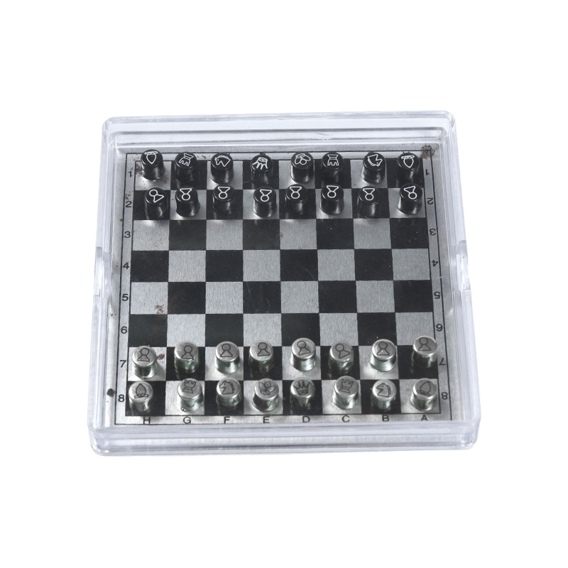 Magnetisch metalen internationaal schaakspel in helder acryl etui