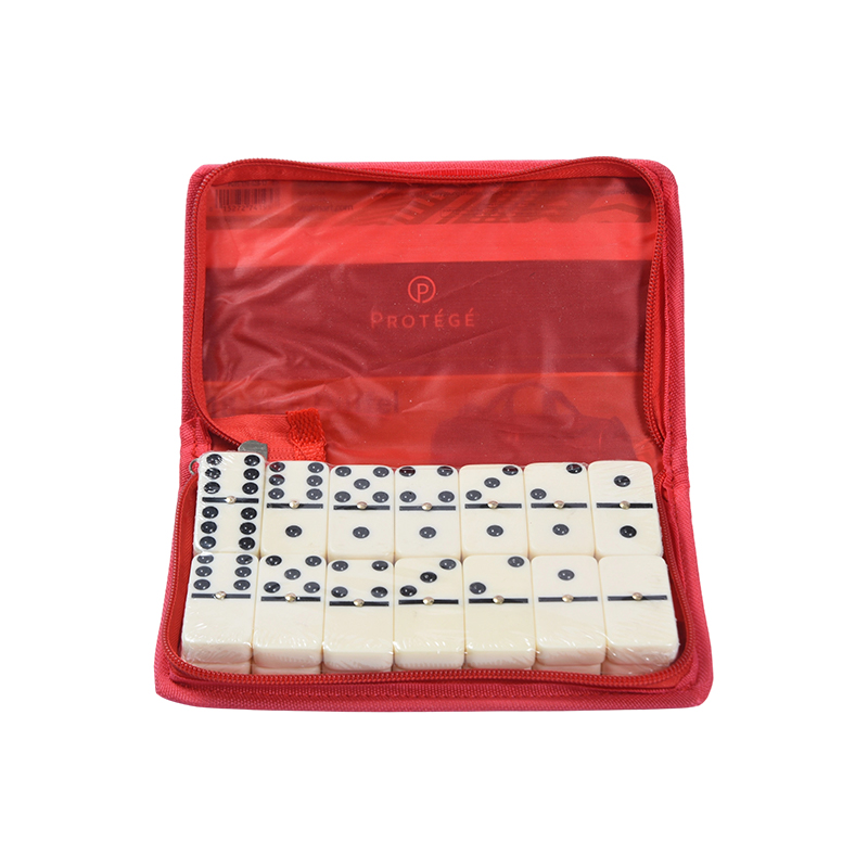 Klassiek spel met beschermende opslag - Draagbare dominoset in rode stoffen hoes