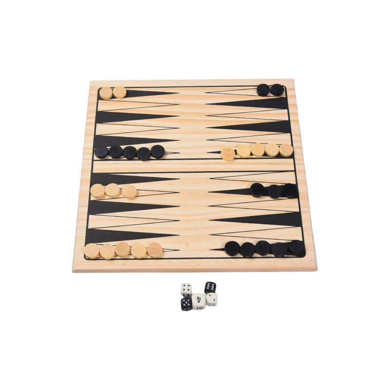 Houten spelset met vintage en kleurrijke verpakking Klassiek backgammon bordspel
