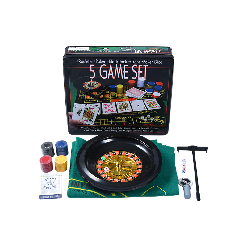 5-in-1 casinospelset – Roulette, Poker, Black Jack, Craps, Pokerdobbelstenen in metalen blik