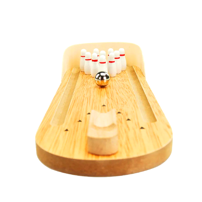 Compacte houten set met stalen kogel en pinnen Mini-desktop-bowlingspel