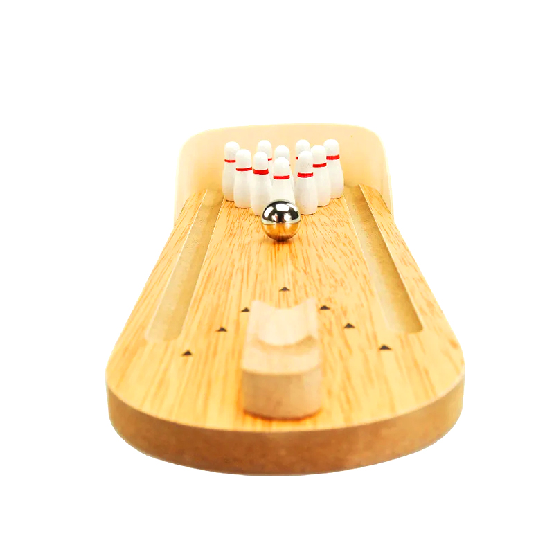 Compacte houten set met stalen kogel en pinnen Mini-desktop-bowlingspel