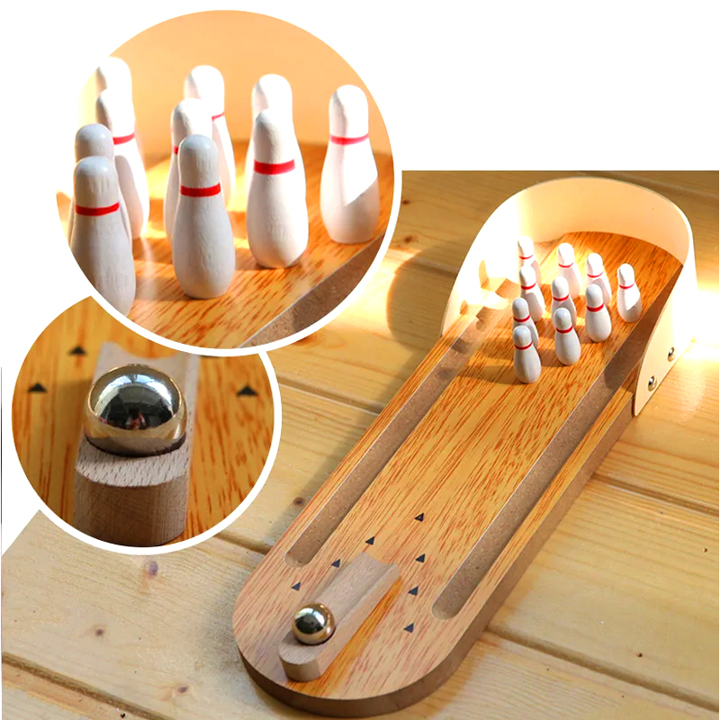 Compacte houten set met stalen kogel en pinnen Mini-desktop-bowlingspel